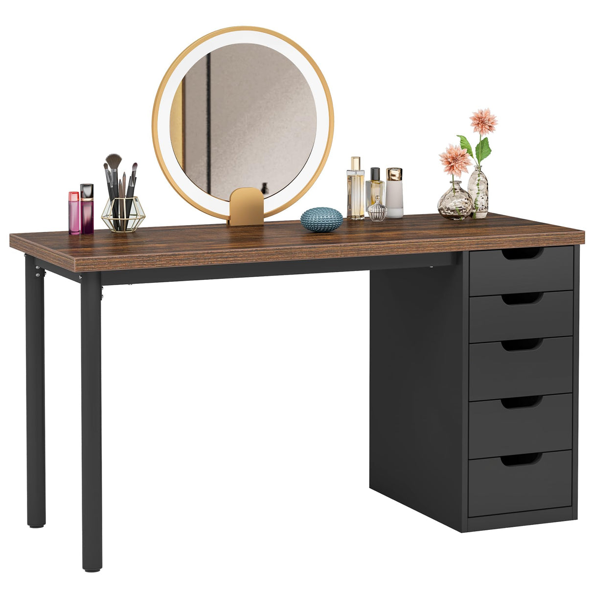 Tribesigns 47 inches Vanity Desk with 5 Drawers (Brown+Black) Tribesigns