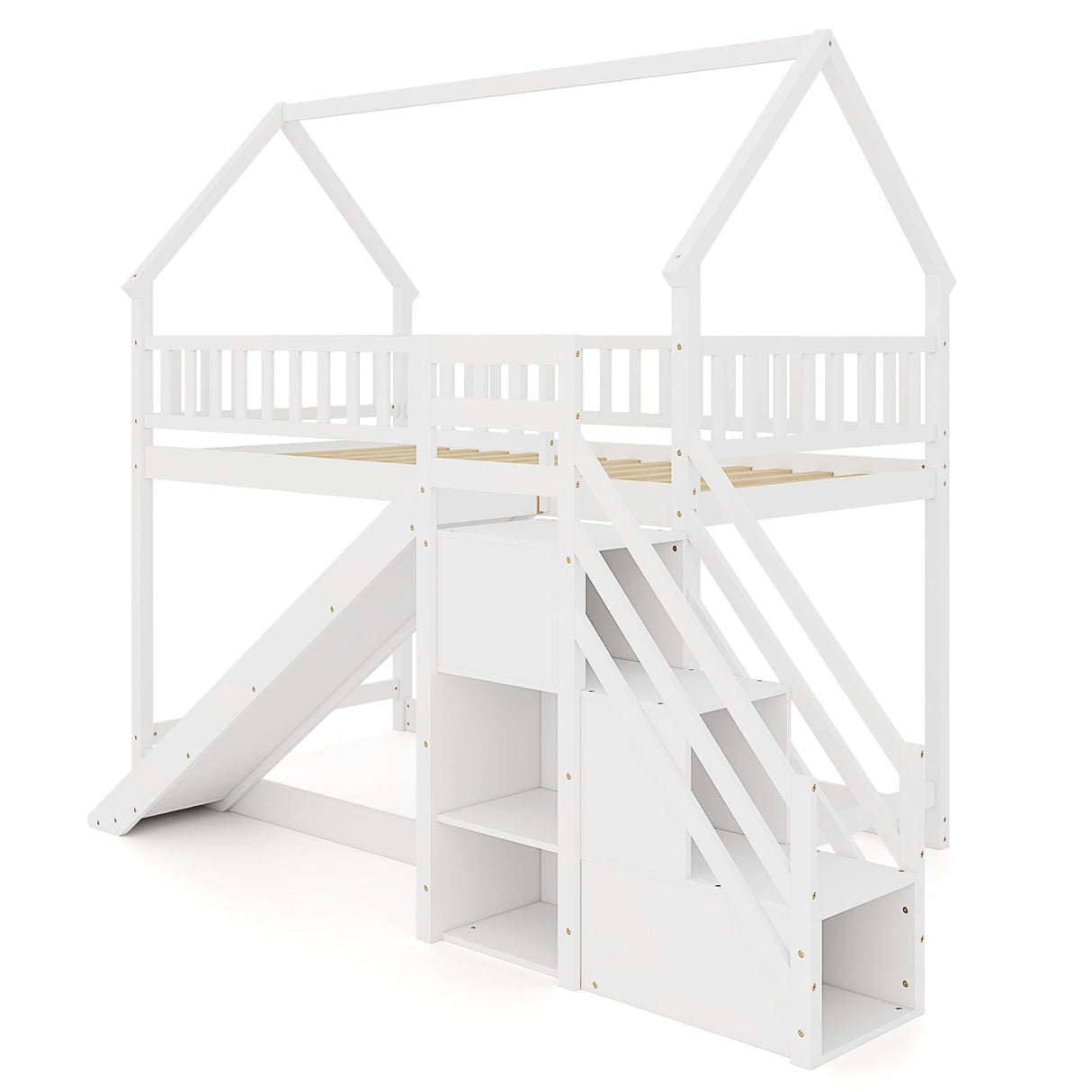 KOMFOTT Wood Twin Over Twin Bunk Bed with Slide & Staircase, Twin House Bunk Bed with Safety Guardrails & Storage, Floor House Bed with Wooden Slat Support for Boys Girls, No Box Spring Needed (White) KOMFOTT