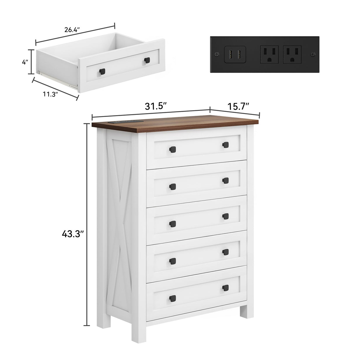 DWVO Farmhouse 5 Drawer Dresser for Bedroom with Power Outlets, Modern Tall Nightstand with Deep Drawers, Wood White Closet Dresser for Living Room, Entryway, Hallway DWVO