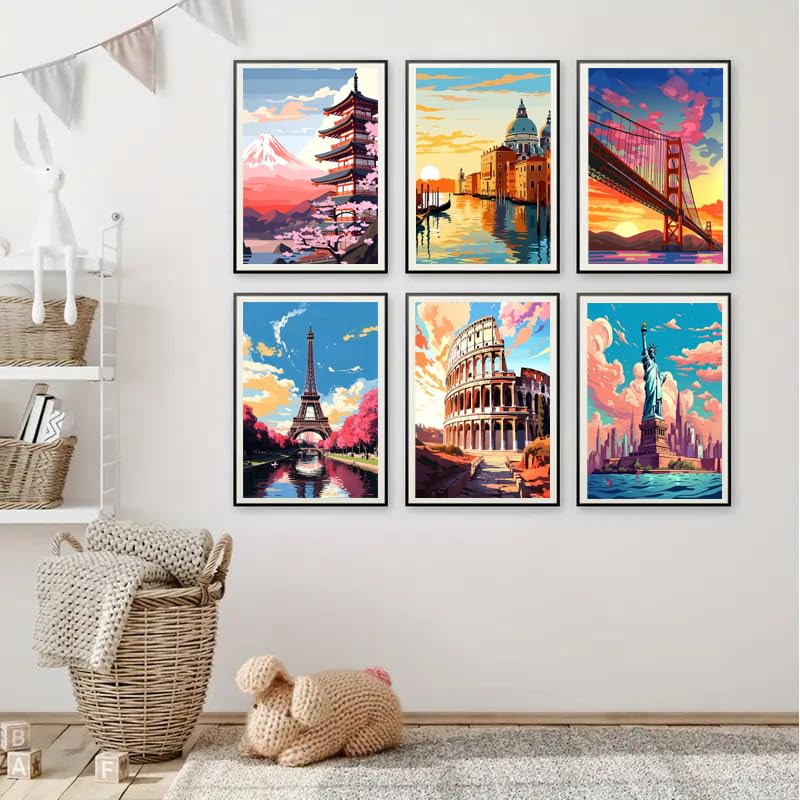 6 Pack Framed Paint by Numbers Kit for Adults Beginners with Wooden Easel,Scenery-Cityscape Easy Adults' Paint-by-Number Kits with Frame,DIY Number Painting Adults for Decor Present 8x12 inch Canrichshop