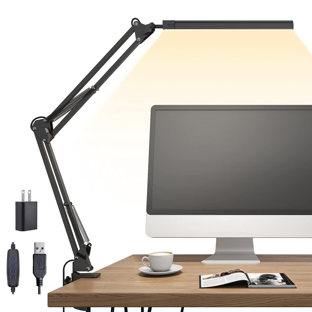 TROPICALTREE LED Desk Lamp, Swing Arm Desk Light with Clamp, 3 Lighting 10 Brightness Eye-Caring Modes, Reading Desk Lamps for Home Office 360°Spin with USB Adapter & Memory Function black-14W TROPICALTREE