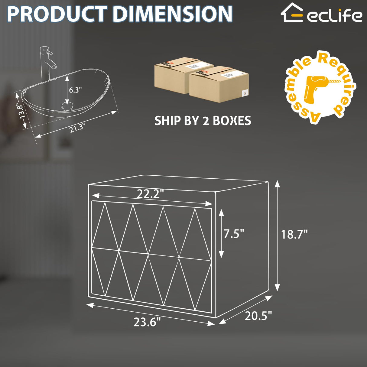 eclife 24" Bathroom Vanities Cabinet with Sink Combo, Wall Mounted Floating Cabinet w/Decor Lines, White Boat Ceramic Vessel Sink W/ORB Water Save Faucet & Pop Up Drain, Black eclife