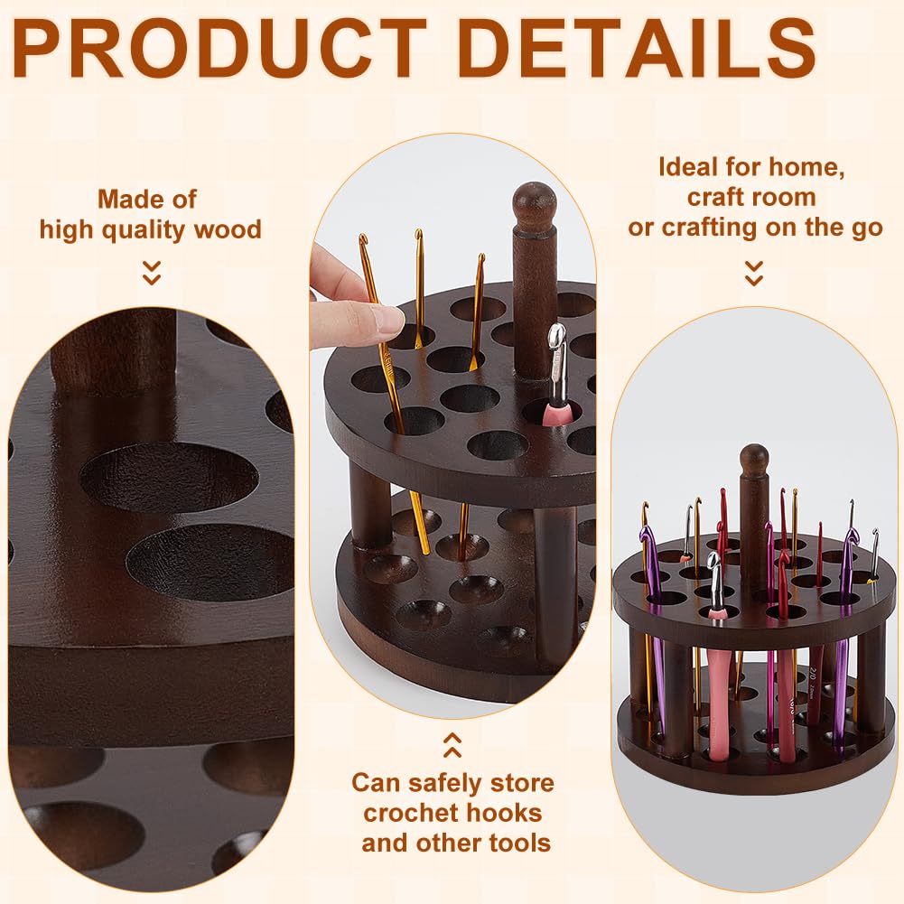 FINGERINSPIRE Wooden Crochet Hooks Holder 7.2x7.75inch Crochet Hooks Crafts Organizer With 16 Holes Coconut Brown Pine Wood Knitting Cases Sewing Supplies Storage for Knitting FINGERINSPIRE