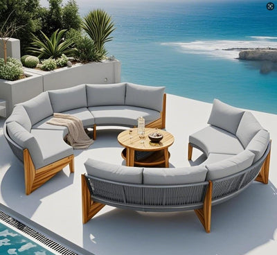 Quarte Outdoor Acacia Wood Round Sofa Set, Sectional Sets with Coffee Table,6-Person Seating Group for Garden, Deck (Gray/Half-Moon*A)