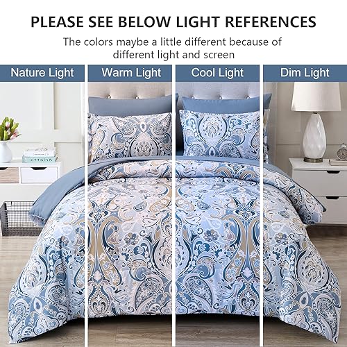 Drucon Blue Paisley Comforter Set Queen, 7 Pieces Bed in a Bag Boho Comforter Soft Microfiber Blue Paisley Bedding(1 Comforter, 1 Flat Sheet, 1 Fitted Sheet, 2 Pillow Shams, 2 Pillowcases) Drucon