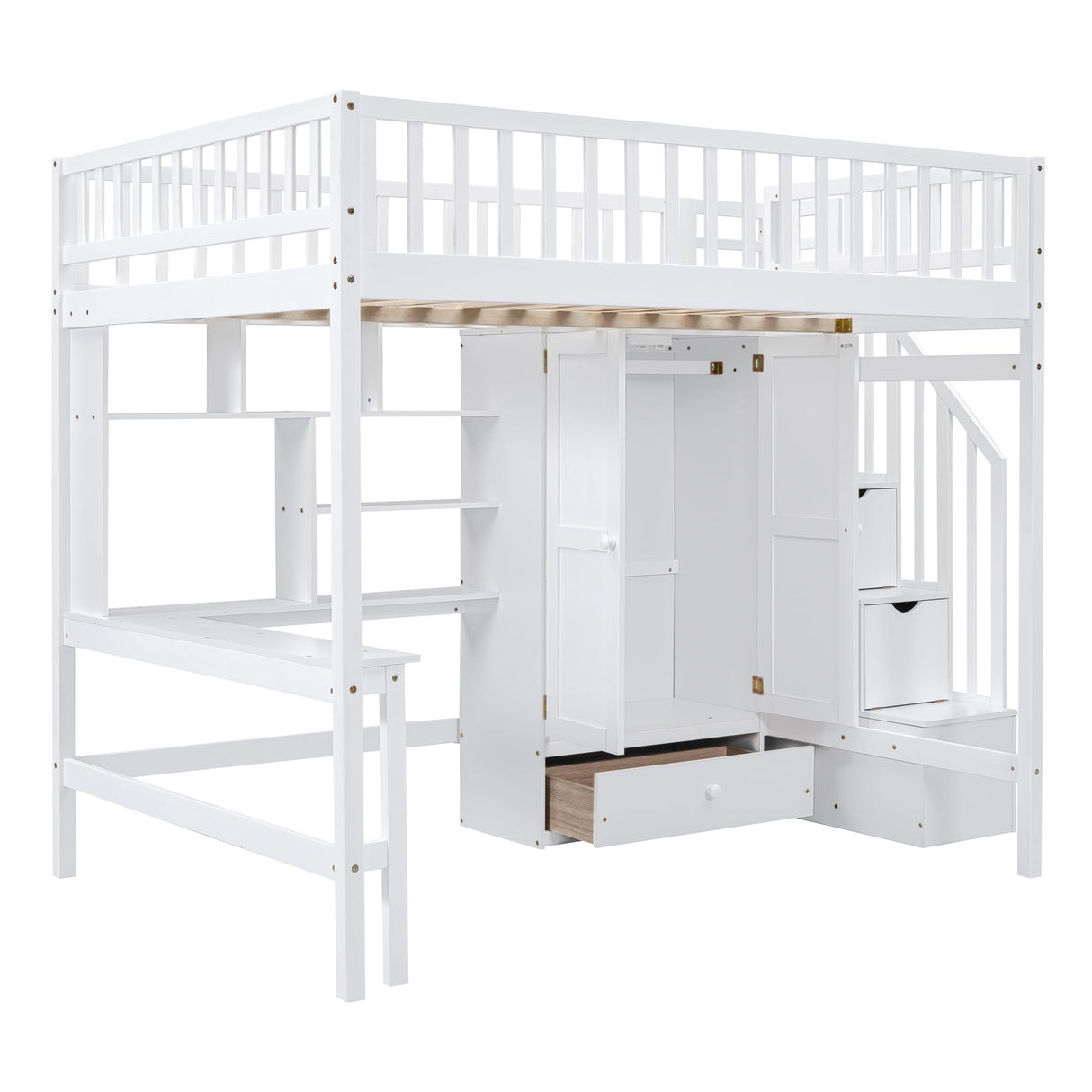 Merax Full Loft Beds Stairway Loft Bed Frame with Wardrobe, Desk, Bookshelf and Drawers, White Merax