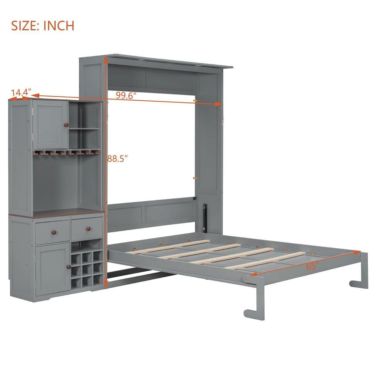 Queen Size Murphy Bed with Storage Cabinet, Wine Rack, Glass Holder, Drawers and Multi-Color LED Strip, Gray Bellemave