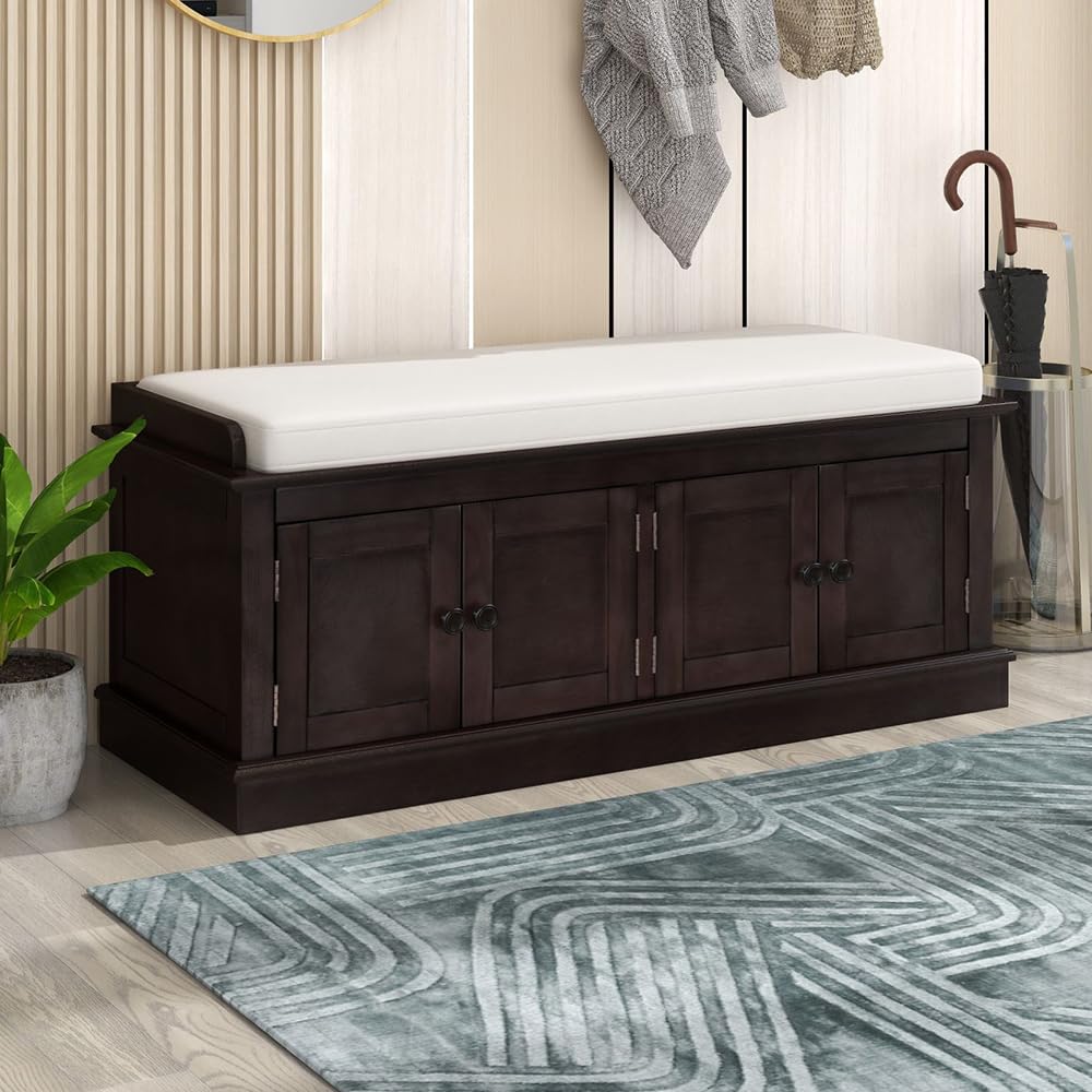 P PURLOVE Farmhouse Storage Bench for Entryway,Wood Storage Benches with Adjustable Shelves,Shoe Bench with Storage and Removable Cushion for Entryway,Espresso P PURLOVE
