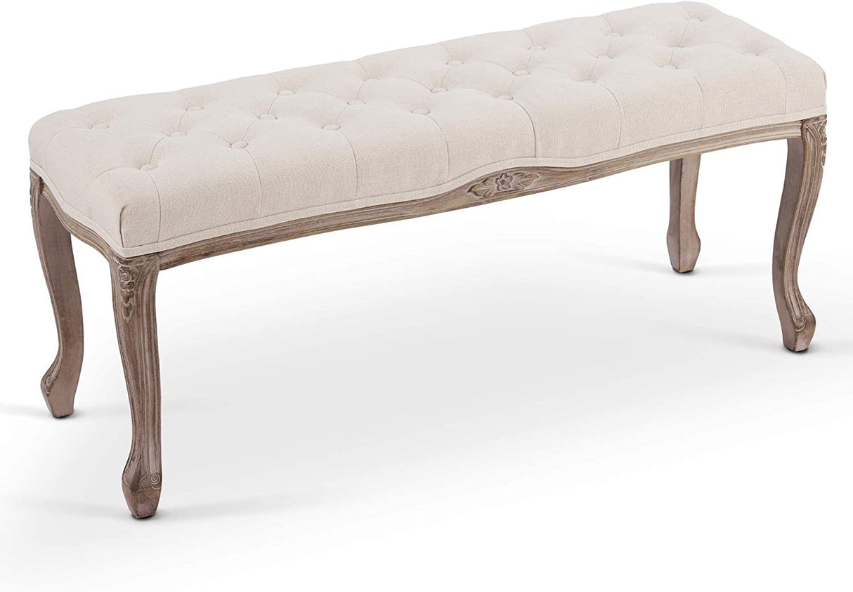 VONLUCE Vintage Bench with Padded Seat & Rubberwood Legs, 44" Memory Foam Upholstered Entryway Bench, Tufted Fabric End of Bed Bench for Bedroom and Living Room, French Style, Beige VONLUCE