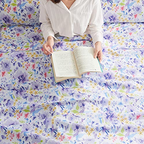 Mooreeke Floral Full Sheets, Soft Breathable Microfiber Vintage Printed Bed Sheet Set, Deep Pocket Non-Slip Fitted Sheet Included, Purple Flower Pattern Mooreeke