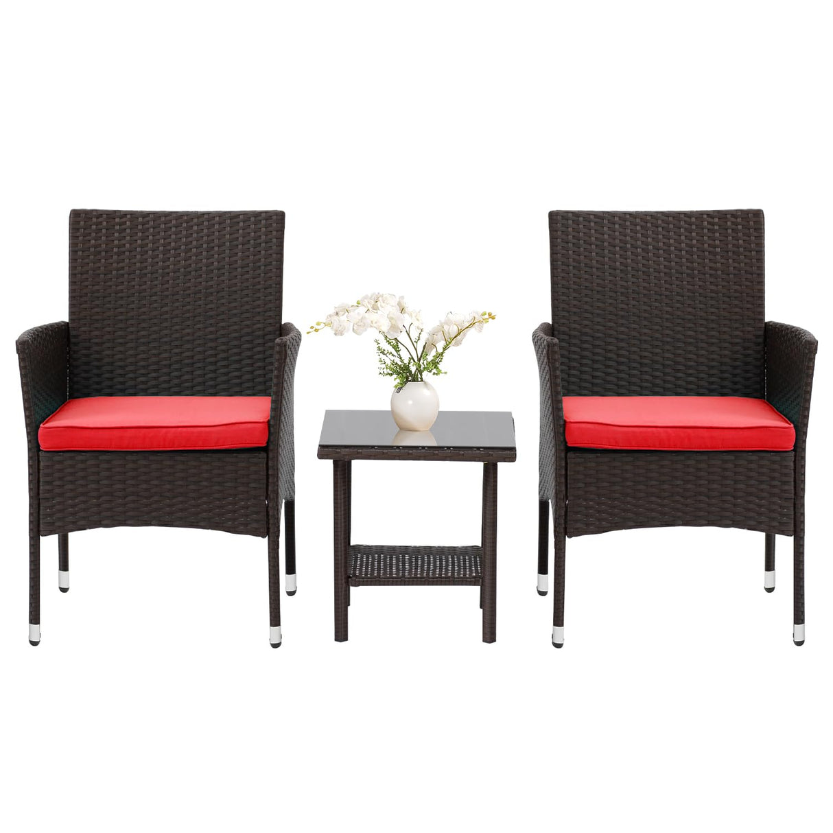 PayLessHere Set of 3 Outdoor Furniture Set Patio Furniture Set Brown Conversation Set with 2 Rattan Chairs Glass Coffee Table for Coffee Bar Poolside Patio Outdoor, Red Cushions PayLessHere