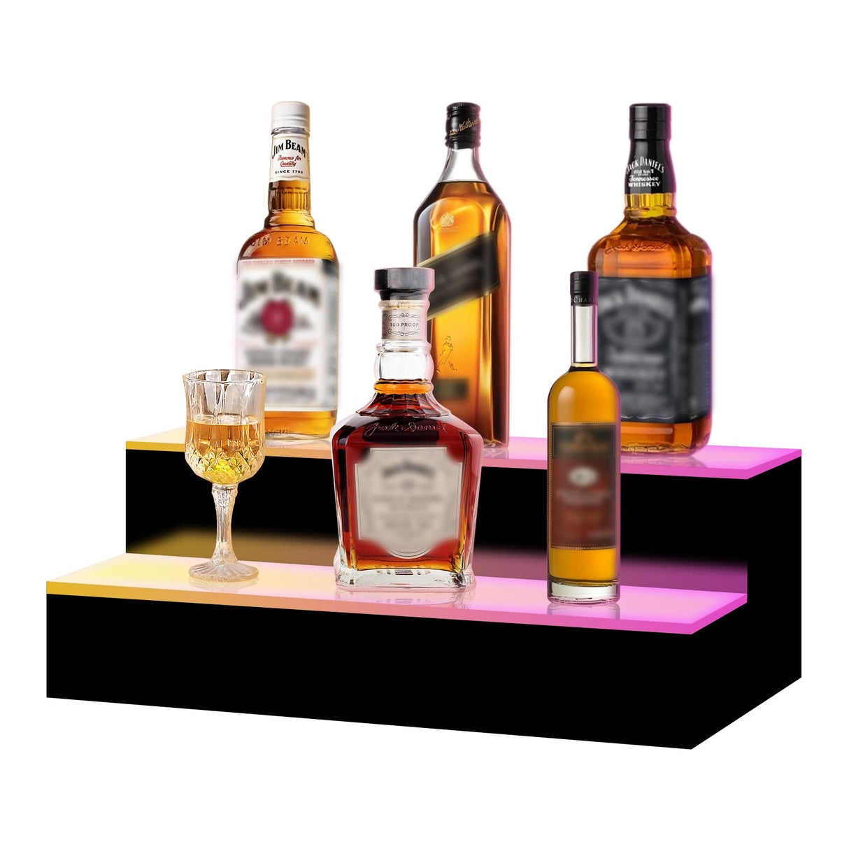 VONCI 16 Inch LED Lighted Liquor Bottle Display Shelf, 2 Step Acrylic Illuminated Bar Bottle Display Shelf with Remote and App Control for Home Commercial Bar Party VONCI