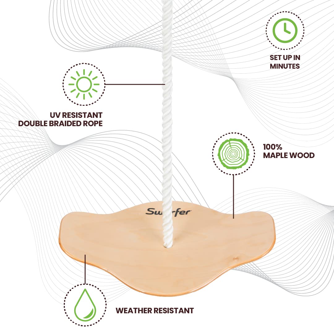 Swurfer Swift - Maple Wood Disc Swing for Kids Ages 4 and Up, Holds up to 150 Pounds - Includes 18" Curved Seat Swing with Heavy Duty Braided Rope, Brown Swurfer