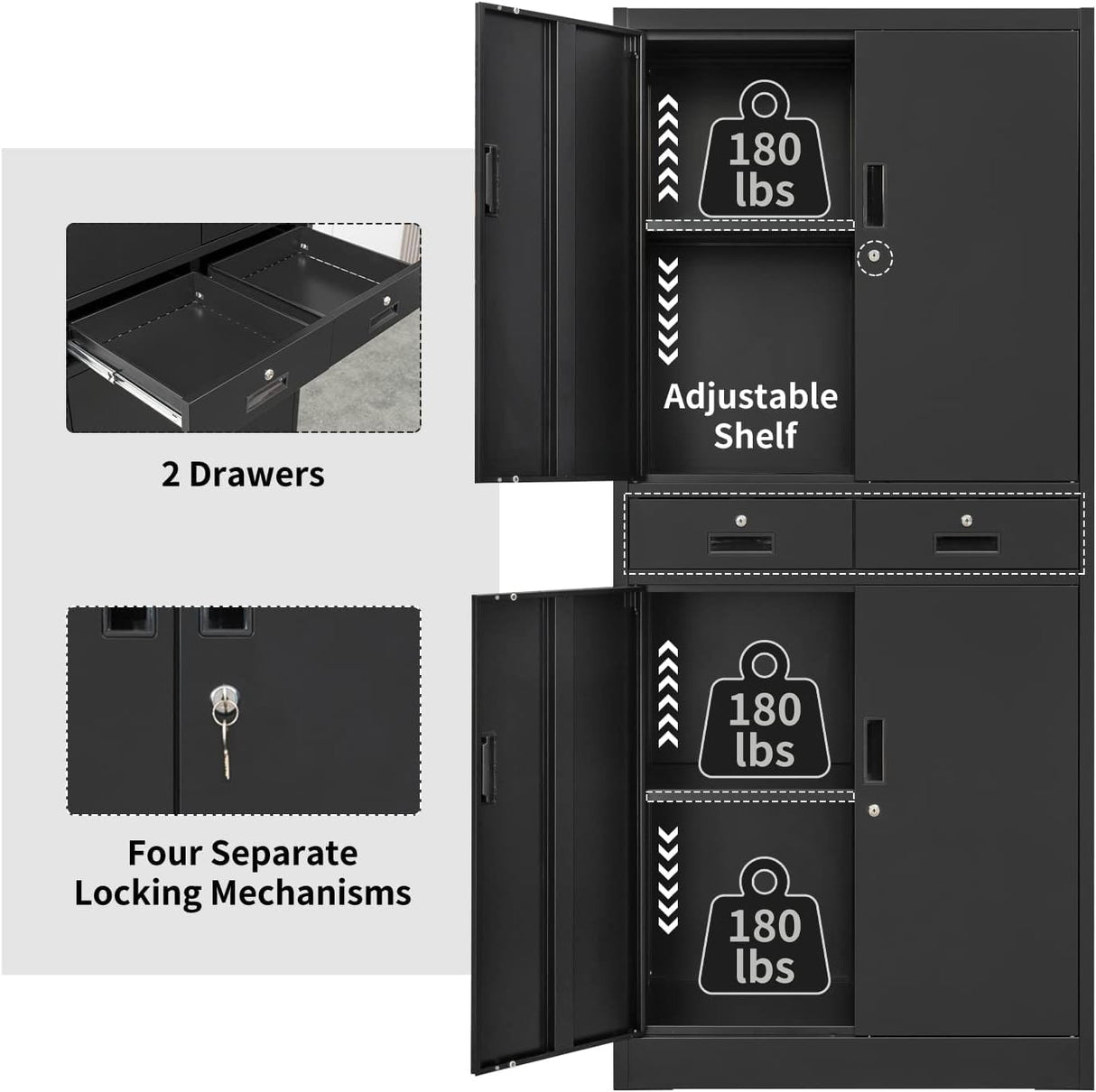 CJF Metal Storage Cabinet with Adjustable Shelves and Drawers, Locking Steel Storage Cabinet for Pantry, Office, Garage, Home, School, Utility (Black) CJF