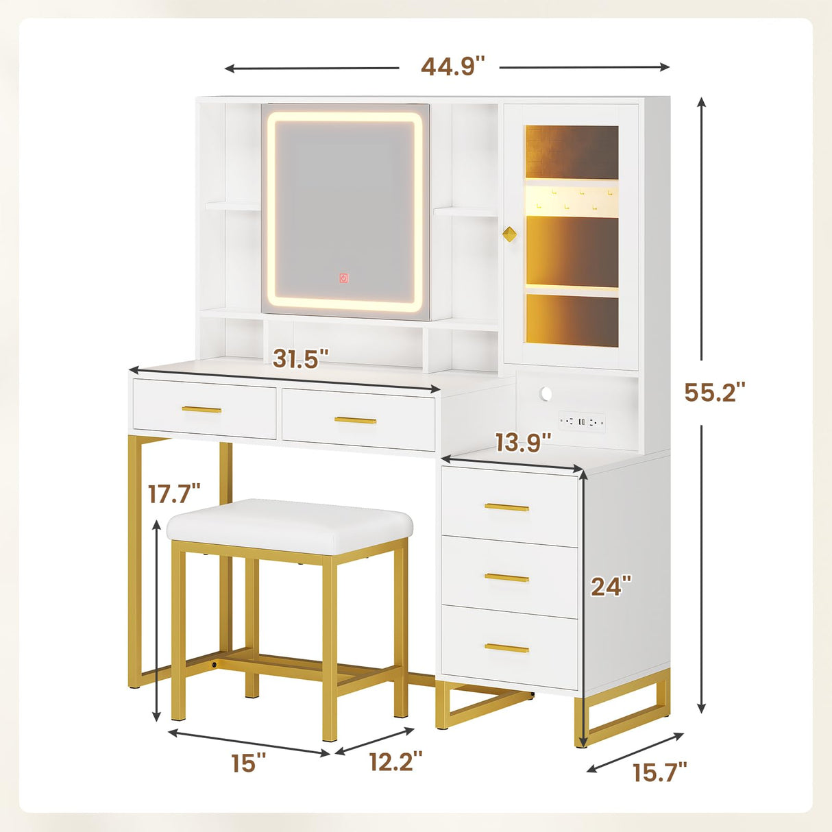 BTHFST Makeup Vanity with Upholstered Stool & Charging Station, Vanity Desk with Mirror and Lights, Vanity Table Set with Jewelry Storage & RGB Lights & 5 Drawers & Shelves, White & Gold BTHFST