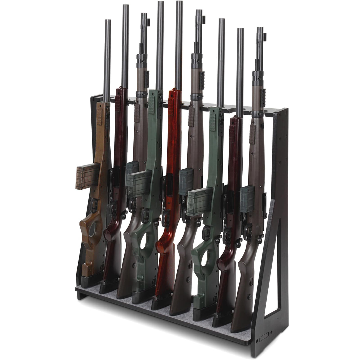 Xnwouco Gun Rack, Freestanding Rifle Gun Rack, Wooden Adjustable Rifle Stand Holds up 9 Long Guns, Gun Display Stand with Anti-scratch Padding, Rifle Storage Holder for Home, Garage, Black Xnwouco