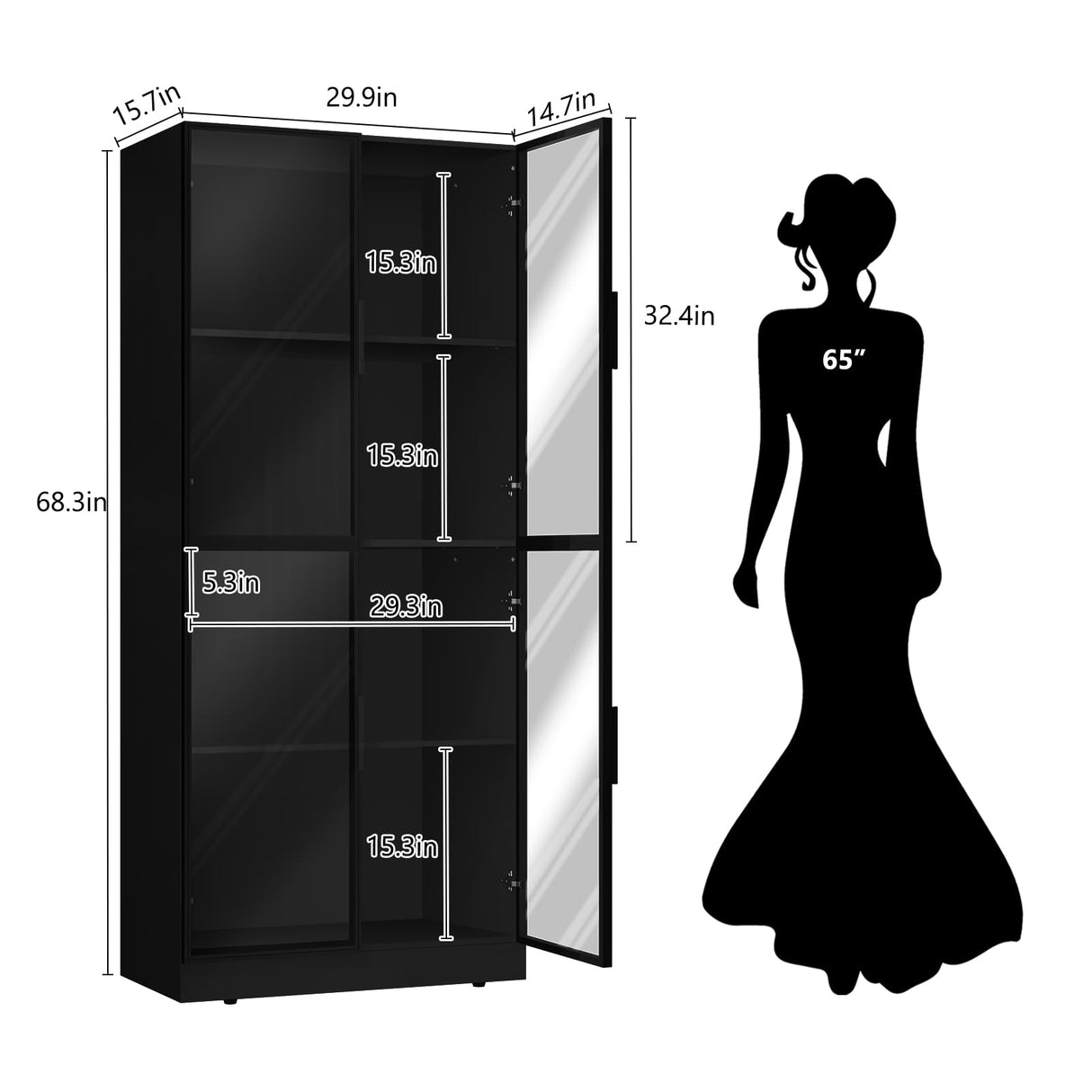 HLR Display Cabinet with Glass Doors, Tall Storage Cupboard, Freestanding Curio Display Cabinet with 4-Tier Storage Shelves for Collectibles, Living Room, Home Office HLR