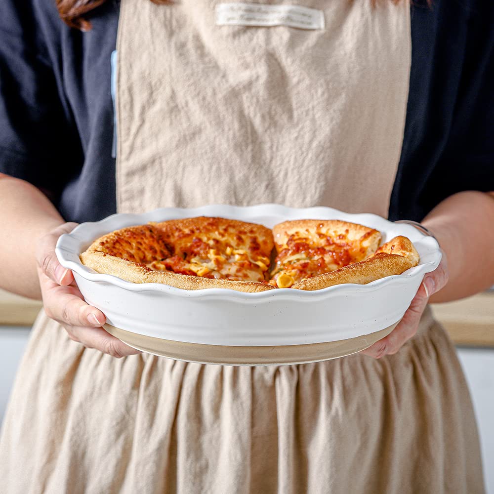 HVH 10 inch Pie Pan for Baking, Ceramic Pie Dish, Deep Dish Pie Plate for Dessert Kitchen, Deep Dish Pie Pan with Fluted Edge, Set of 2, Farmhouse Style (White) HVH