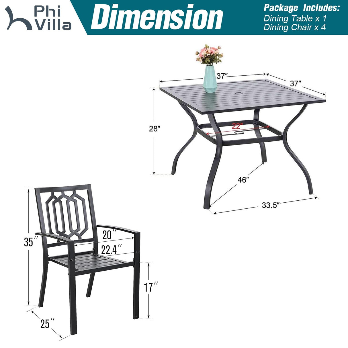 PHI VILLA 5-Piece Metal Patio Outdoor Table and Chairs Outdoor Dining Set - 37" Square Patio Table w/1.57" Umbrella Hole and 4 Backyard Garden Stackable Dining Chairs, Black PHI VILLA