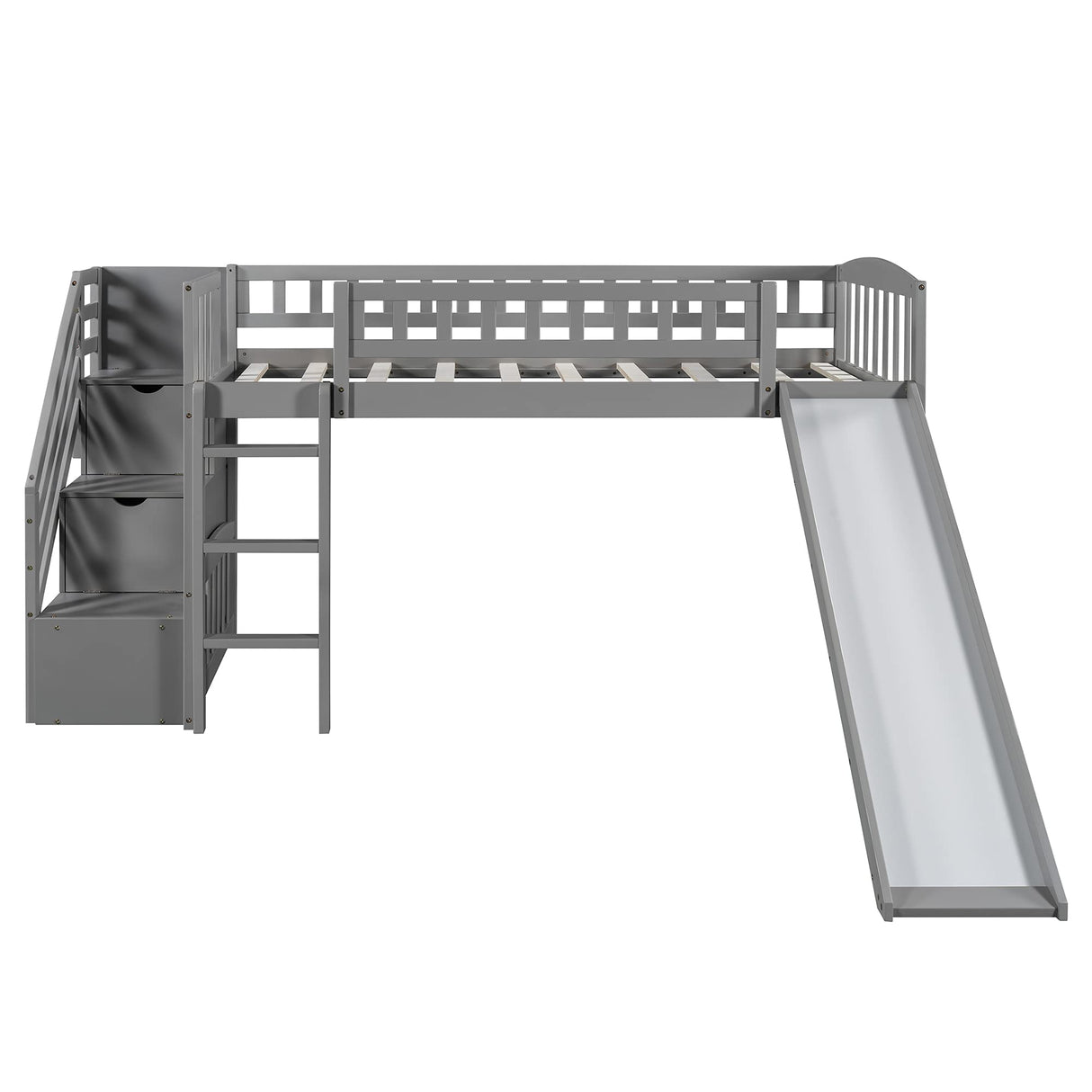 Twin Loft Bed with Slide and Storage Stairs for Kids - Grey Bellemave