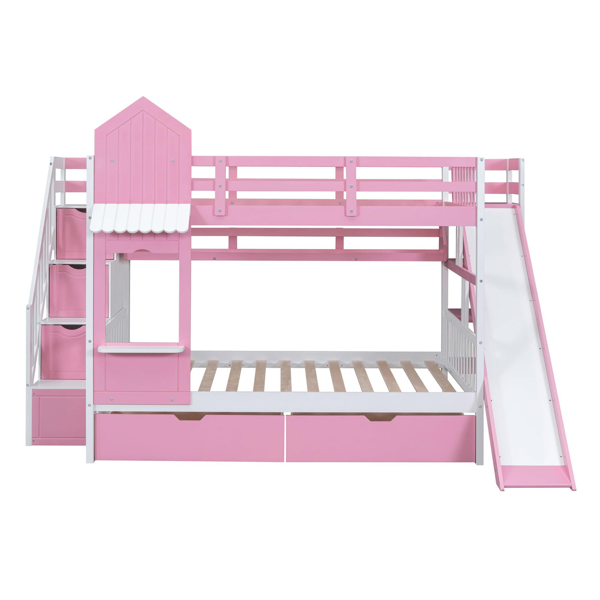 SIYSNKSI Full-Over-Full Castle Style Bunk Bed with 2 Drawers and 3 Shelves, Wood Bunk Bed Frame with Slide and Storage Staircase for Kids Teens Boys Girls, Maximize Space Savings SIYSNKSI
