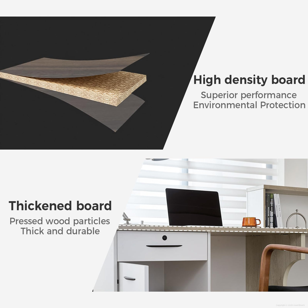 Huariifowm Modern L Shape Reception Desk with Counter,Stylish Front Desk Reception Counter with Drawers, Open Shelves, and Keyboard Tray (Tobacco Wood+Iron Gray/Right, 79" L*24" W*41" H) Huariifowm