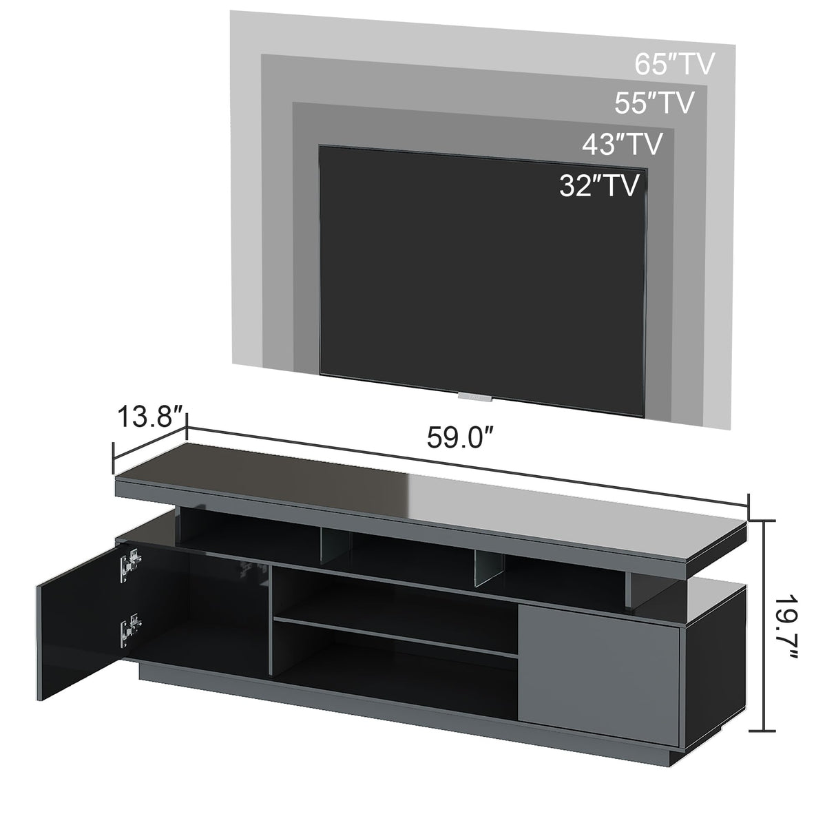 ChooChoo Modern LED TV Stand for 50/55/60/65 Inch TV, High Glossy Entertainment Center with 2 Storage Cabinets, Media Console with 5 Open Shelves for Living Room, Bedroom, Black ChooChoo