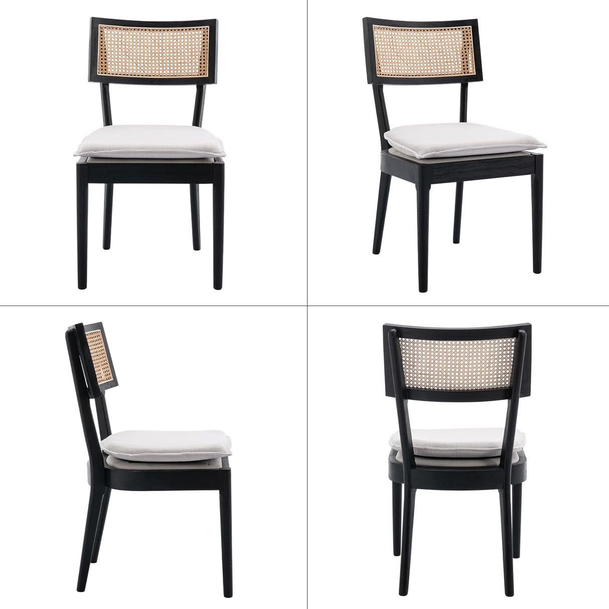 QUINJAY Rattan Farmhouse Dining Chairs Set of 4, Linen French Country Dining Chairs with Hollow Back, Double Upholstered Dining Room Chairs Rustic Kitchen Chairs with Wood Frame for Living Room, Black QUINJAY