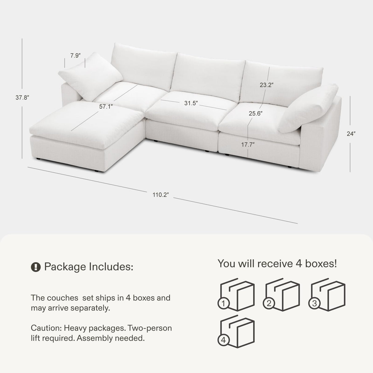 Modular Cloud Sofa, 110.2" Cloud Sectional Couches with Deep Seat, L-Shape 3-Seat Couch with Ottoman for Living Room, Modern Comfy Couch with Washable Cover, Wide Armrest (White,1 Ottoman) Vorthio
