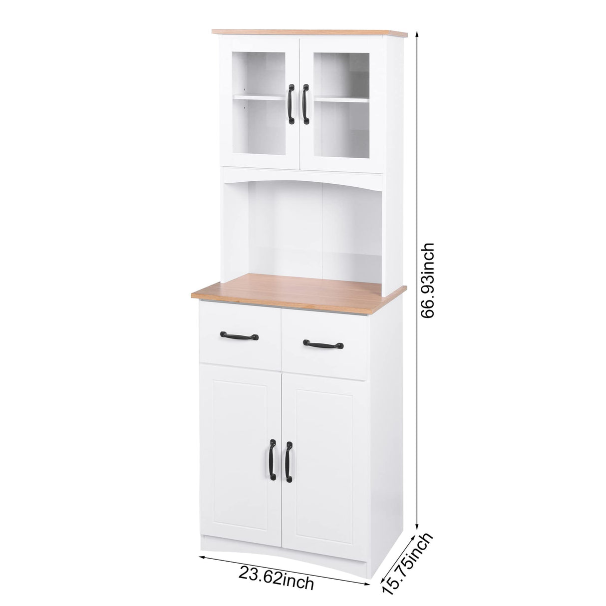Aisurun Kitchen Buffet with Hutch, Freestanding Pantry Cabinet Kitchen Cupboard with 4 Doors, 2 Drawers & Open Shelf, 2 Storage Cabinets with Adjustable Shelves, White Aisurun