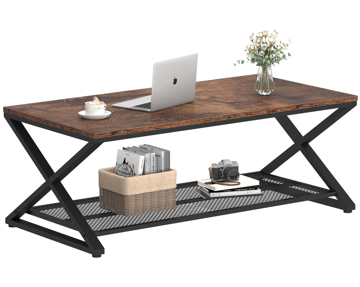 LVB Rustic Coffee Table with Storage, Industrial Wood Metal 2 Tier Center Living Room Table with Mesh Shelf, Farmhouse Wooden Low Rectangle Cocktail Tea Table for Office Bedroom, 47 inch, Rustic Brown LVB