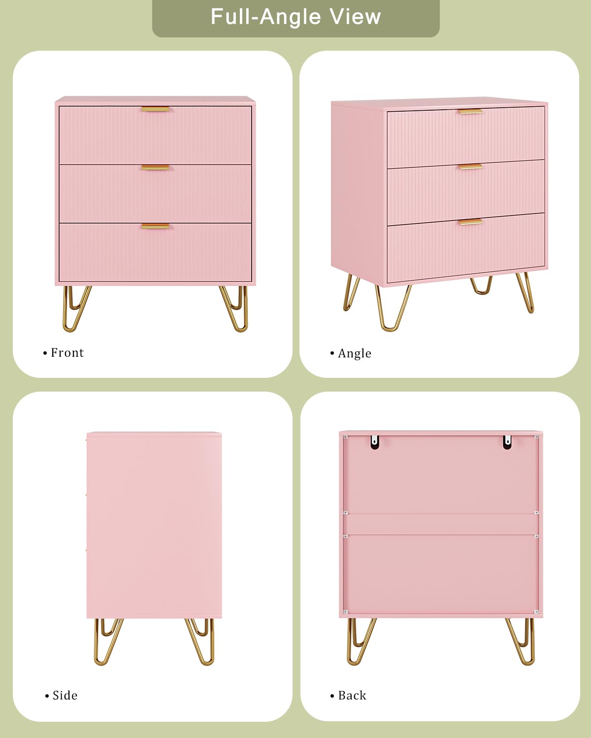 AEPOALUA Fluted 3 Drawer Dresser for Bedroom, Modern Storage Bedroom Dresser Chest Cabinet Organizer with Anti-Tip Hardware for Living Room, Dressing Room, Kids Room, Office (Pink) AEPOALUA
