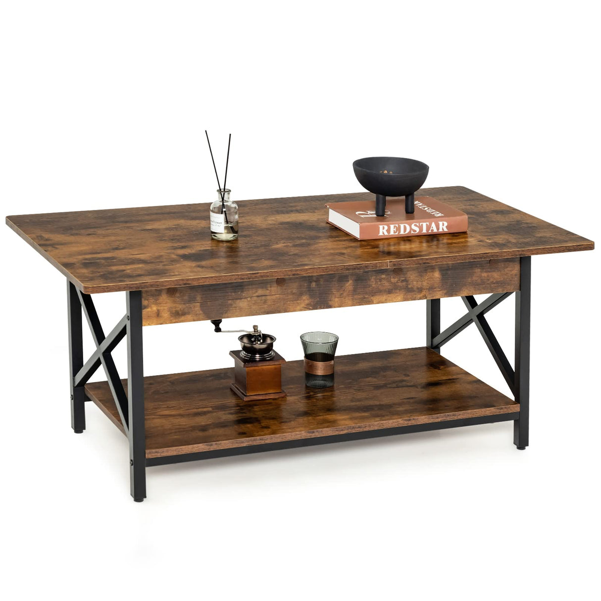 COSTWAY Industrial Coffee Table, 2-Tier Wood Cocktail Tea Table with Storage Shelf and X-Shape Steel Frame, Rectangle Sofa Side Accent Table for Living Room Home Office, Rustic Brown COSTWAY