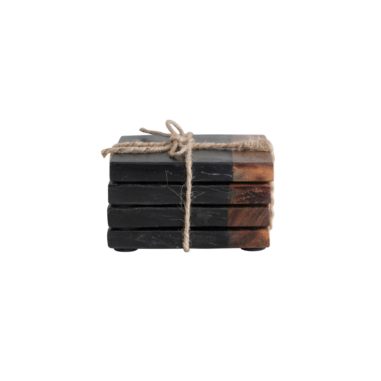 Creative Co-Op Marble and Acacia Wood 2-Tone, Black and Natural, Set of 4 Coaster Creative Co-Op