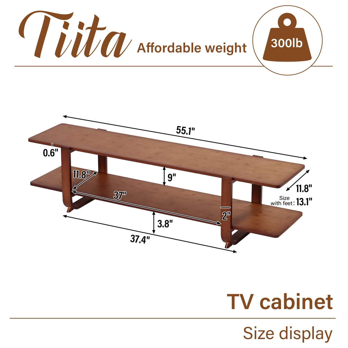 Tiita TV Stand with Storage for TVs up to 65'', Bamboo TV Console Entertainment Center with 2 Open Shelf, Mid Century Modern Media Console for Living Room, Bedroom, Walnut Tiita