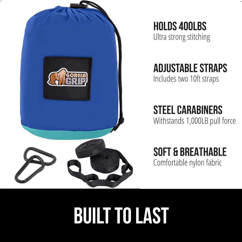 GORILLA GRIP Durable Portable Camping Hammock, Holds 400lbs with Heavy Duty Tree Straps, Comfortable Travel Swing, Camp Hammocks, Easy to Use and Install, Outdoor Essentials, Blue, 9x4.5 FT GORILLA GRIP