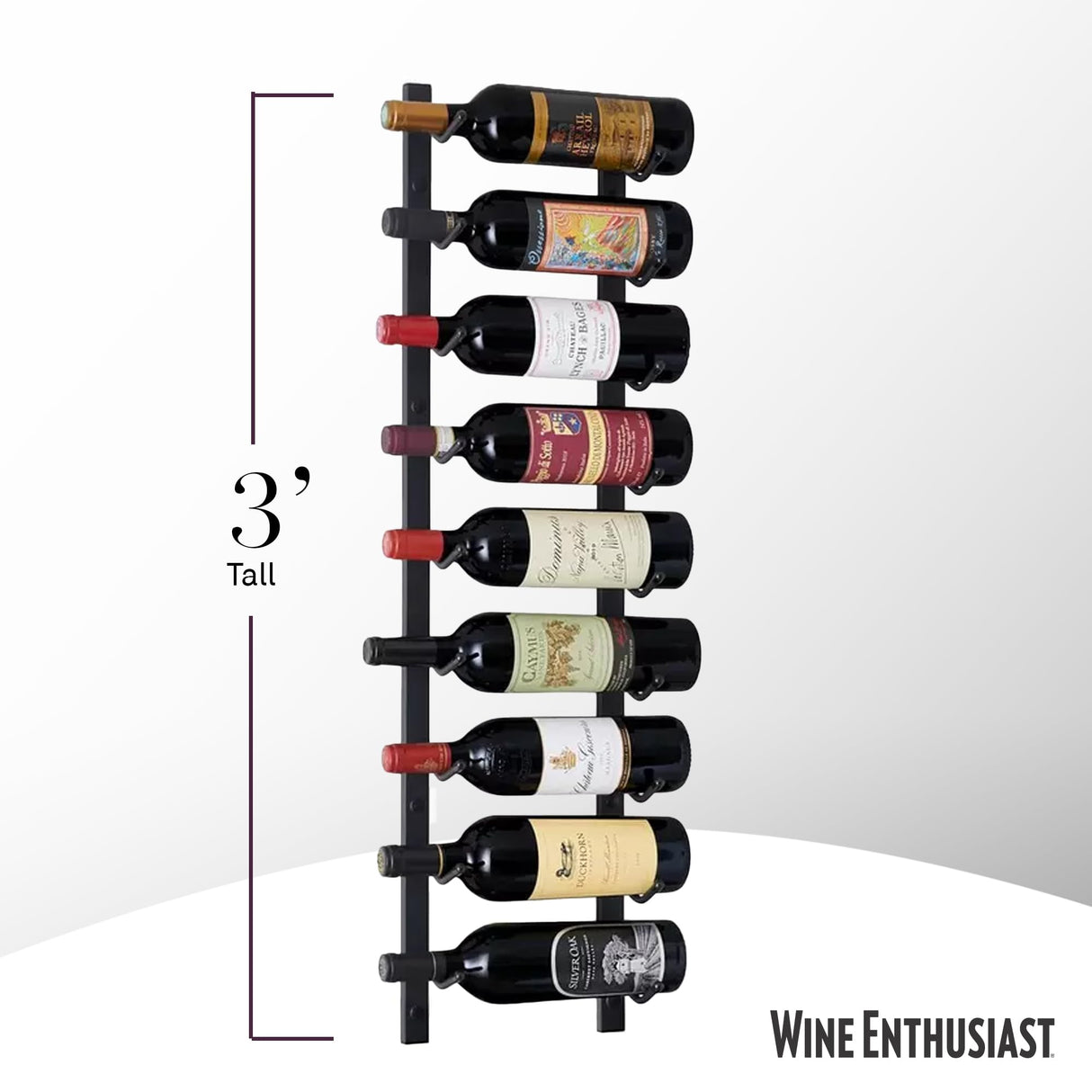 Wine Enthusiast N'FINITY 9 Bottle Wall Mounted Metal Wine Rack – Label Forward Wine Rack with Easy Installation - 3' Tall, 1 Column Deep (Black) Wine Enthusiast