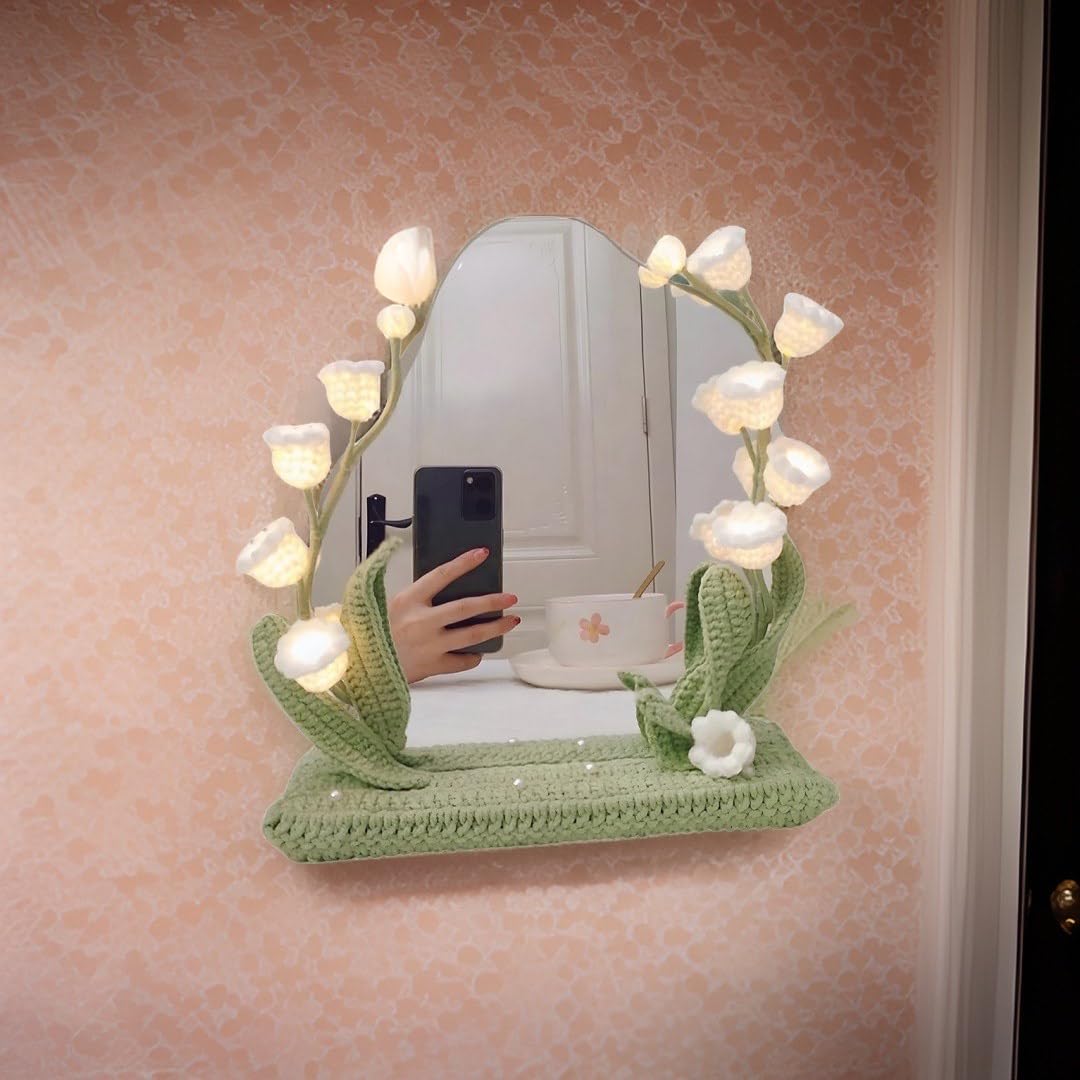 kasthamandap wooden Makeup Vanity Mirror with led Light, Handcrafted Crochet Flower Accent for Room Decoration kasthamandap wooden