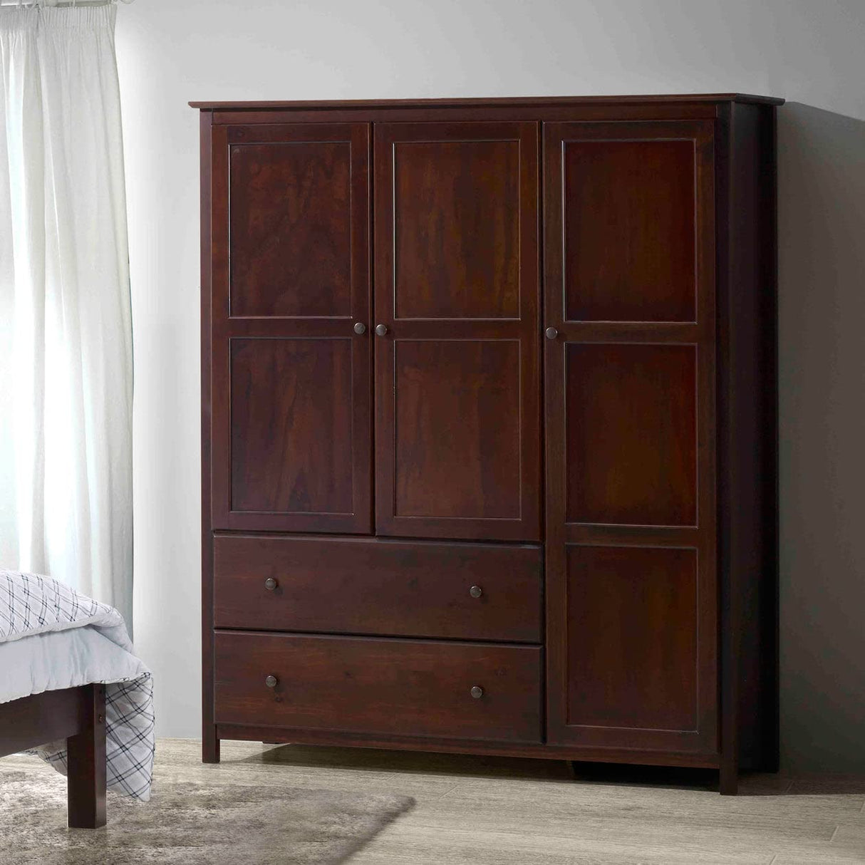 Grain Wood Furniture Shaker 3-Door Wardrobe, Solid Wood with Cherry Finish Grain Wood Furniture