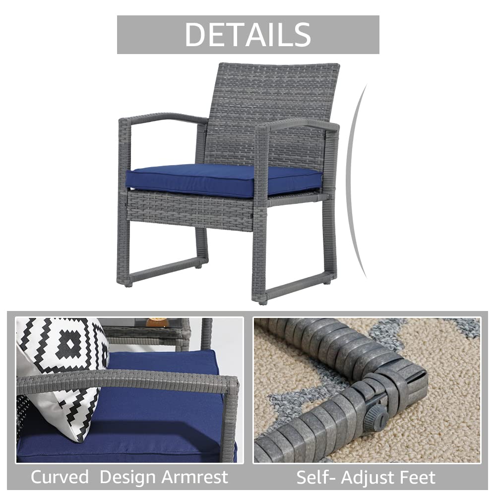 Patiorama 3 Pieces Outdoor Patio Furniture Set, Outdoor Wicker Conversation Set, Patio Rattan Chair Set, Modern Bistro Set with Coffee Table, Garden Balcony Backyard Poolside (Navy Blue) Patiorama