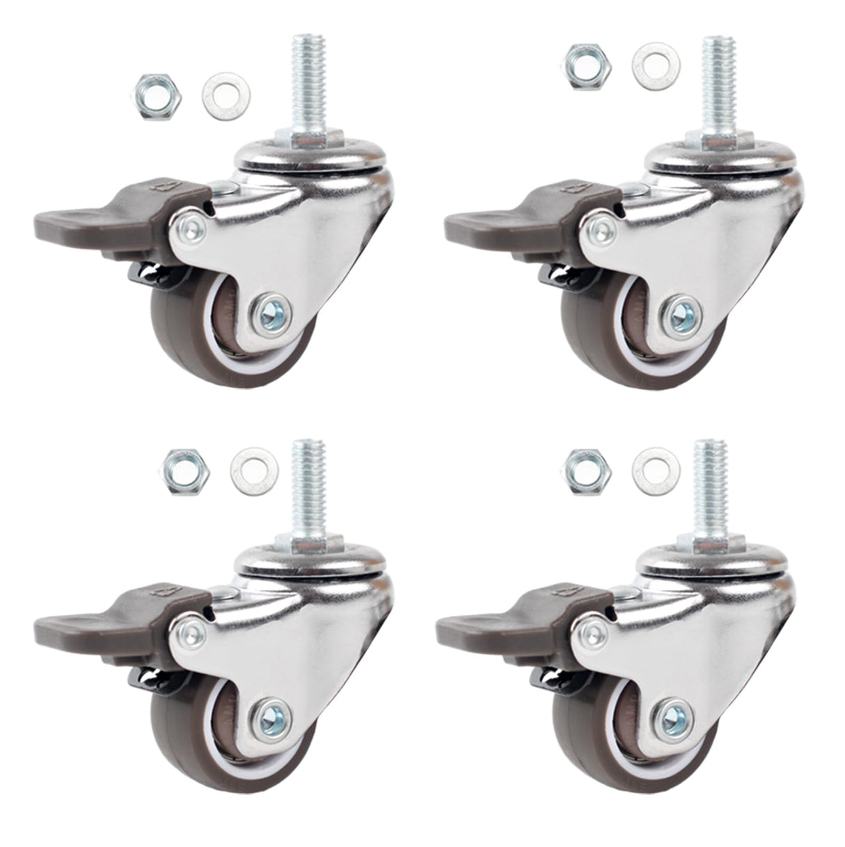 Luxinika 1 Inch Caster Wheels with M6 Threaded Stem, Small Swivel Stem Casters Set of 4 with Brakes, TPE Rubber Rolling 15 mm Screw Wheels for Furniture Tiny Shopping Cart Wire Shelving Luxinika