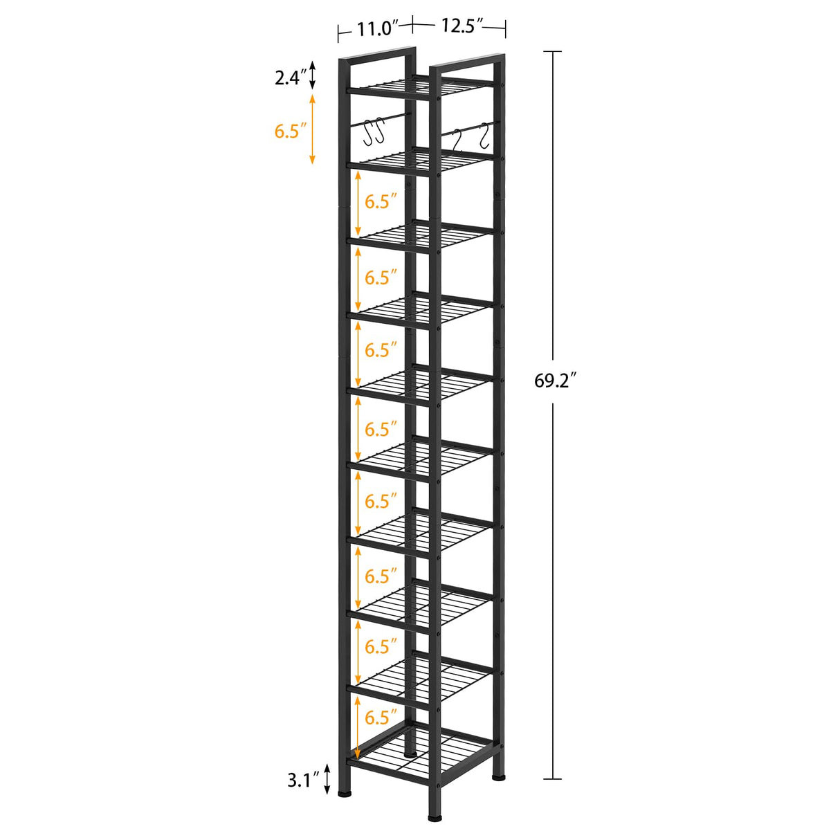 USIKEY 10 Tiers Narrow Shoe Rack for 10-20 Pairs - Sturdy Metal Tall Shelf With 4 Hooks, Slim Storage Organizer, Space Saving Vertical Design for Entryway, Closets - Black usikey