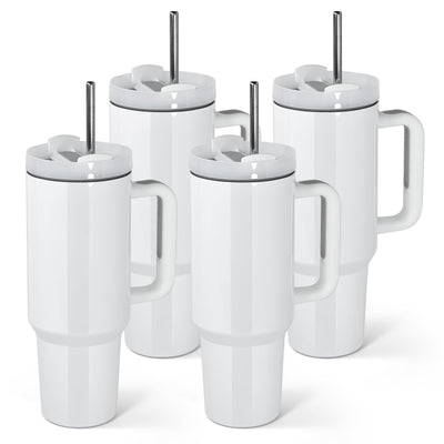 AGH 4 Pack 40 oz Sublimation White Tumbler with White Handle and Stainless Steel Straw, Insulated Double Wall Vacuum Reusable Cups with White Leakproof Lid