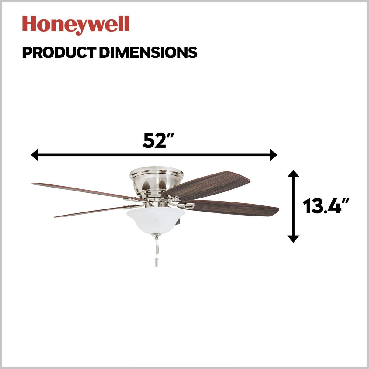 Honeywell Ceiling Fans Glen Alden, 52 Inch Classic Flush Mount Indoor LED Ceiling Fan with Light, Pull Chain, Quick-2-Hang Dual Finish Blades, Reversible Motor - 50519-01 (Brushed Nickel) Honeywell Ceiling Fans