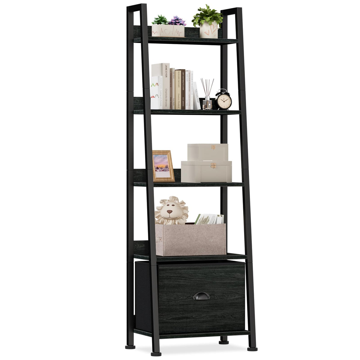 Furologee 5-Tier Ladder Shelf, Narrow Ladder Bookshelf with Drawer, 55.6”Tall Industrial Bookcase Storage Rack Organizer, Freestanding Storage Shelve for Living Room, Home Office, Bedroom, Black Oak Furologee