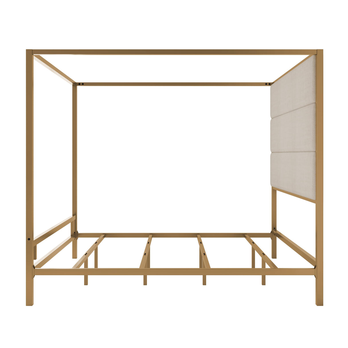 Modern Metal King Size Canopy Platform Bed with with Tall Linen Fabric Upholstered Headboard and 4 Poster Design, Box Spring Needed (Gold+Tan, King) BEDGJH