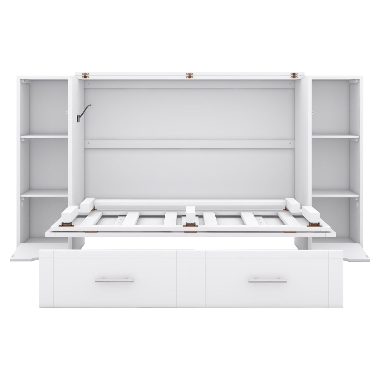 Full Size Murphy Wall Bed With Storage and Bookcase Headboard, Solid Wood Cabinets, Shelves, Drawers and USB Ports, Multi-Function Platform for Home Office, Guest Room (White) MERITLINE