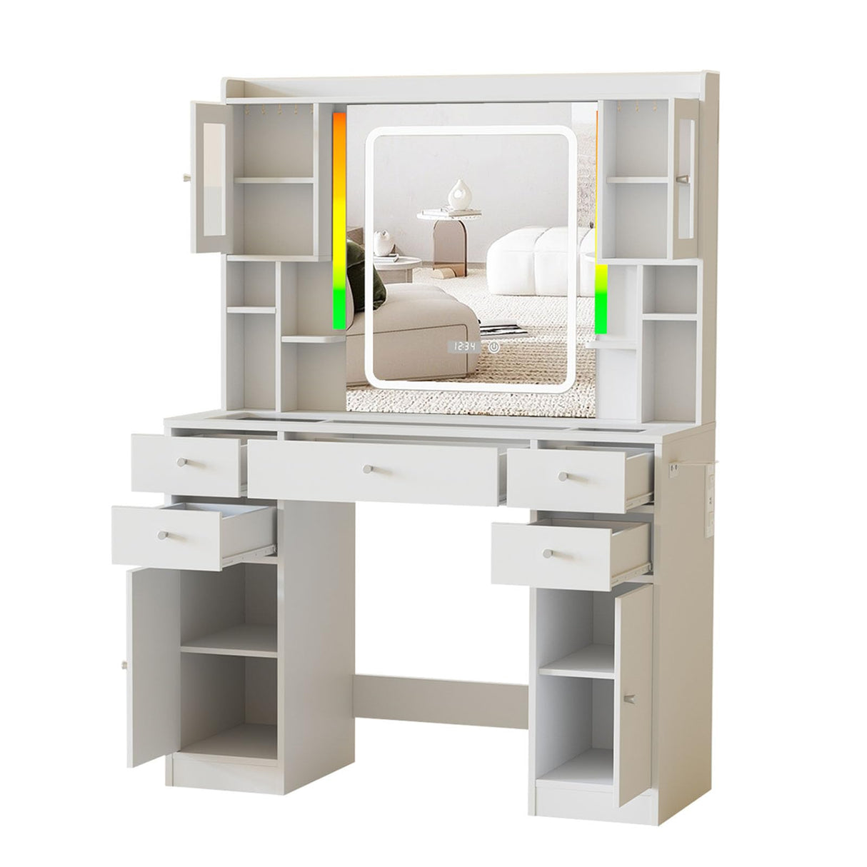 White Vanity Desk with LED Mirror,Makeup Vanity with Charging Station & RGB Lights,5 Drawers 4 Shelves Makeup Desk Vanity Table Stool Set with Glass Table Top & Time Display Lights, White Halitaa