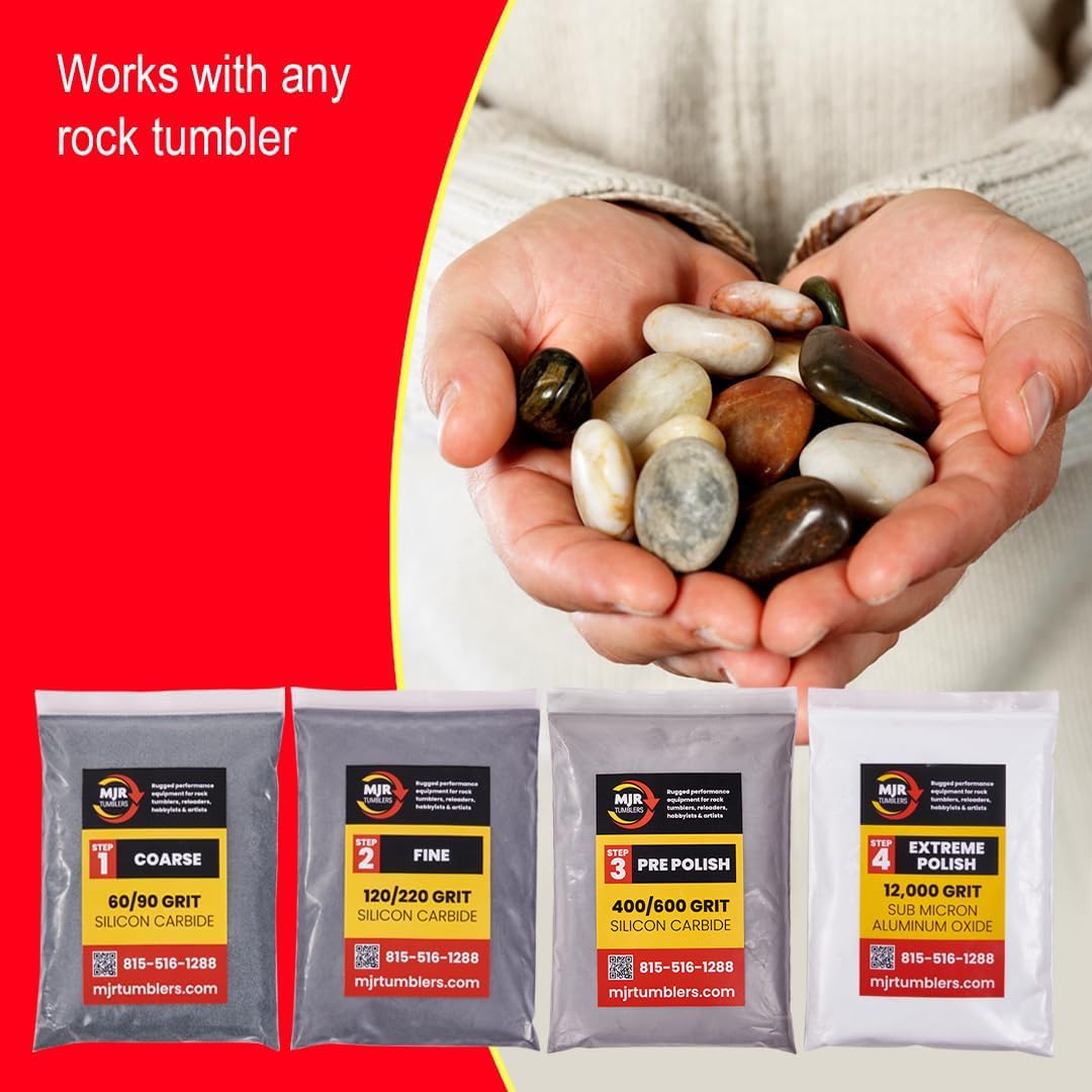 MJR Tumblers Refill Grit Kit w Premium Quality Extreme Polish 12,000 Grit Sub Micron Aluminum Oxide Polish for Unparalleled Result. for 6lb Rock Tumblers w Silicon Carbide, Disabled and Veteran Owned MJR Tumblers