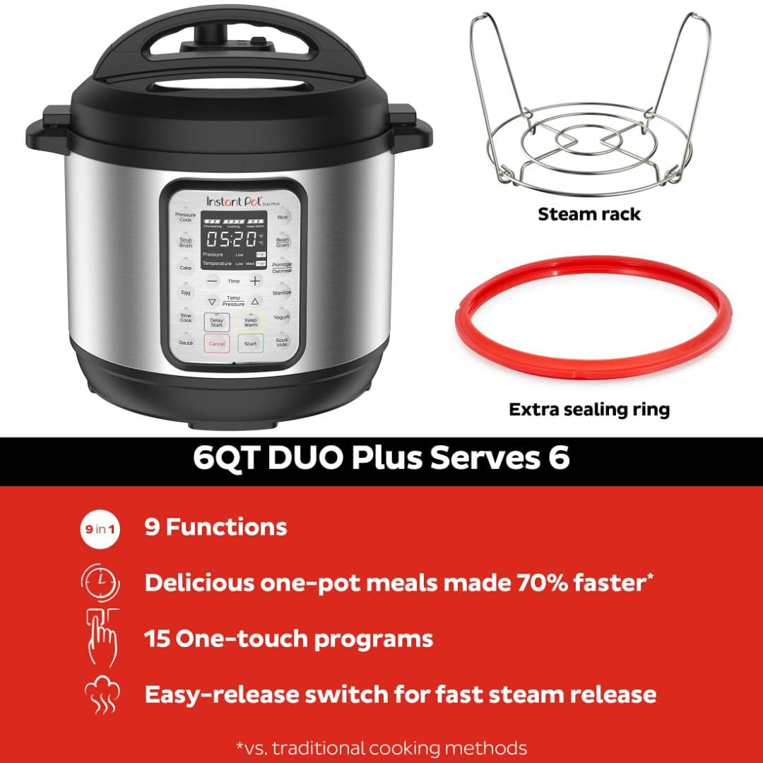 Instant Pot Duo Plus 9-in-1 Electric Pressure Cooker, Slow Cooker, Rice Cooker, Steamer, Sauté, Yogurt Maker, Warmer & Sterilizer, Includes App With Over 800 Recipes, Stainless Steel, 6 Quart Instant Pot